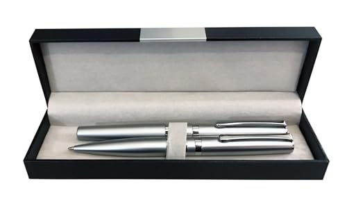 Penko MANA Designer Schreibset: Hochwertiges Metallschreibset mit Kugelschreiber und Tintenroller in Silber/Silber inklusive Etui, Geschenkset von Penko