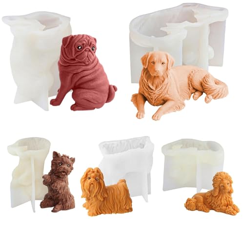 5 Stück Kerzen Silikonform, 3D Hunde Silikon Kerzenform, Kerzenform zum Gießen, Tieren Silikonformen Gießformen für Kerzen Sojawachs Duftkerze Backen Fondant Kuchen Seife Epoxidharz Bastel Ornamente von Penlimly