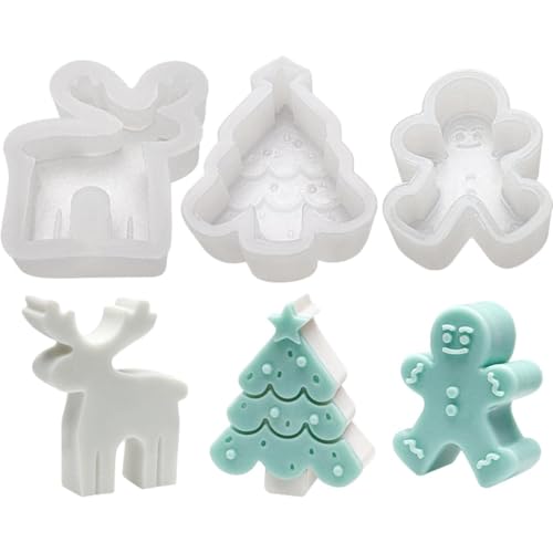 Kerzengießform Silikon Weihnachten, 3 Stück Weihnachtsbaum Lebkuchenmann Elch Silikonform Gießform, Silikonform Kerzen Weihnachten für Fondant Kuchen Seife Duftkerze Schokolade Backen Heimdekoration von Penlimly