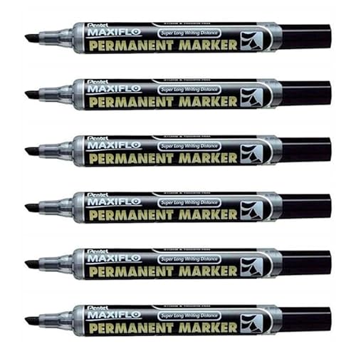 PENTEL Maxiflo NLF60 Permanentmarker, abgeschrägte Spitze, 1 – 3,5 mm, Schwarz, 6 Stück von Pentel