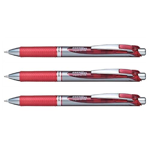 Pentel 3 Stück Kugelschreiber EnerGel einziehbar, Spitze Metall 1 mm rot bl80-b von Pentel