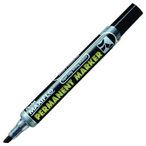 Kugelschreiber, 6,0 mm, Spitze, Maxi Flow Flüssigtinte, Permanentmarker mit Druckknopf, Tinte Revival – Schwarz (12 Stück) von Pentel