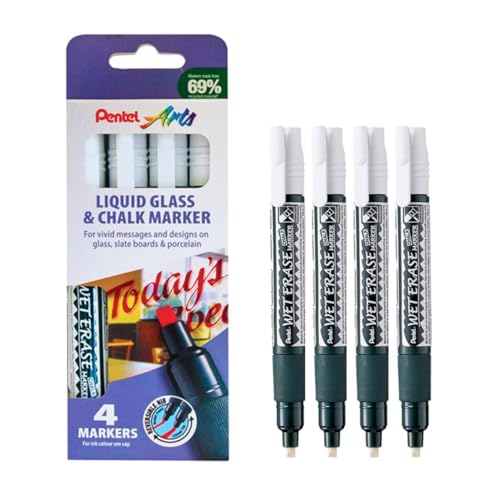 Pentel Arts Wet Erase Chalk Marker Keilspitze, Standard, weiß, 1 Stück 4 Marker von Pentel