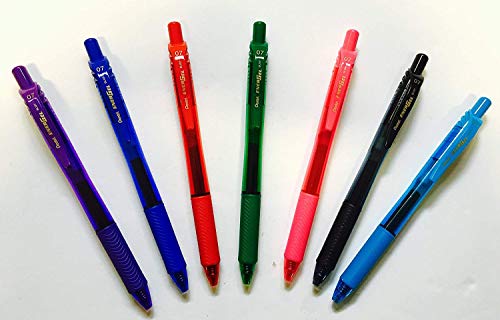 Pentel BL107 EnerGel Kugelschreiber, einziehbar, gemischt, 7 Stück 0,7 mm Metallspitze. Gummi-Griffzone. Jeweils 1 Stift in Schwarz, Blau, Rot, Grün, Violett, Himmelblau und Pink BL107 Gelstifte von Pentel