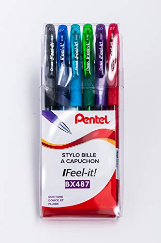 Pentel Ifeel it! BX487 Kugelschreiber mit niedriger Viskosität, mittlere Spitze 0,7 mm, 6 Stück, schwarz/rot/blau/grün/himmelblau/violett von Pentel