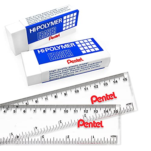 Pentel Jumbo-Radiergummis aus Hi-Polymer-Jumbo-Kunststoff, Weiß, 2 Stück, inklusive 2 Pentel Linealen von Pentel