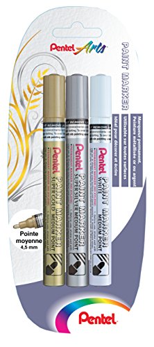 Pentel MMP10 x 3 xzw 3 Stück Permanentmarker mittlere Spitze Gold/Silber/Weiß von Pentel