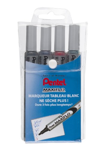 Pentel Maxiflo Marker 4er Etui trocken abwischbar Rundspitze flüssige Tinte schwarz blau grün rot von Pentel