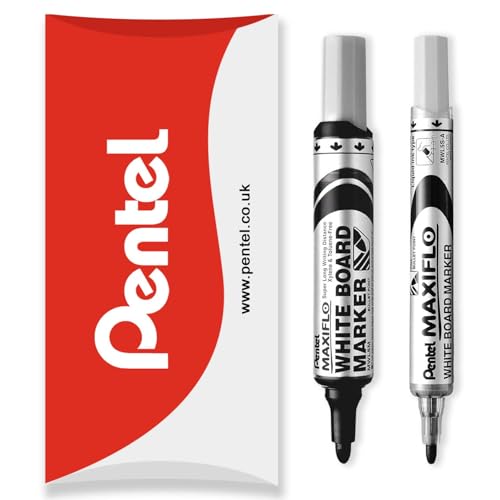 Pentel Maxiflo Whiteboard-Marker, feine und mittlere Rundspitze, schwarze Tinte, 2 Stifte in Kissenverpackung von Pentel