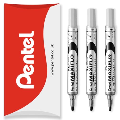 Pentel Maxiflo Whiteboard Marker Pen MWL5S feine Rundspitze, schwarze Tinte, 3 Stück in Kissenverpackung von Pentel