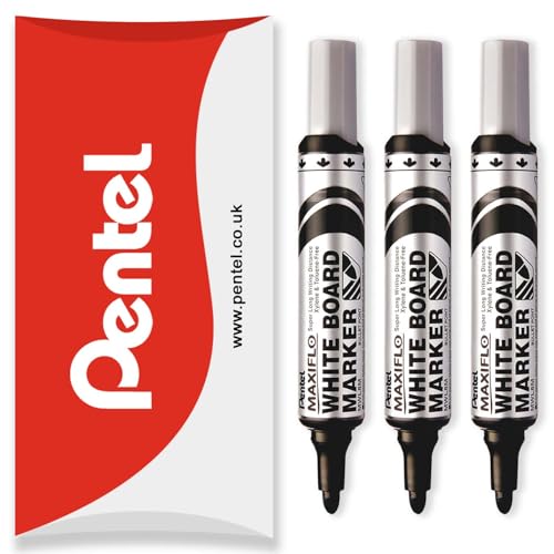 Pentel Maxiflo Whiteboard Marker Pen - Medium Bullet Tip - Black Ink - MWL5M - Packung mit 3 Stiften in Kissenverpackung von Pentel