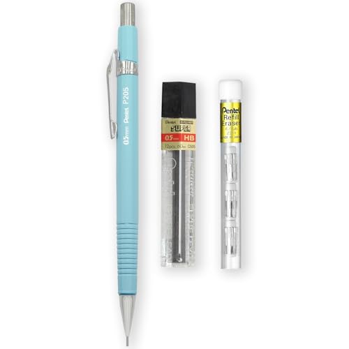 Pentel P205-97C Druckbleistift, Pastellblumen-Reihe, einzeln + 12 Hi-Polymer HB 0,5 mm Nachfüllminen + Z2-1N Radiergummi-Nachfüllminen, 4 Stück (Pastellblau) von Pentel