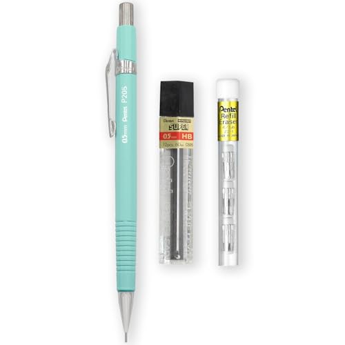 Pentel P205-97C Druckbleistift, Pastellblumen-Reihe, einzeln + 12 Hi-Polymer HB 0,5 mm Nachfüllminen + Z2-1N Radiergummi-Nachfüllminen, 4 Stück (Pastellgrün) von Pentel