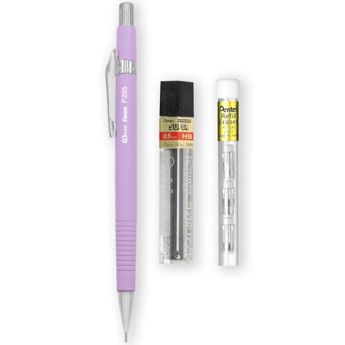 Pentel P205-97C Druckbleistift, Pastellblumen-Reihe, einzeln + 12 Hi-Polymer HB 0,5 mm Nachfüllminen + Z2-1N Radiergummi-Nachfüllminen, 4 Stück (Pastellviolett) von Pentel