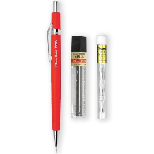 Pentel P205-97C Druckbleistift, Pastellblumen-Reihe, einzeln + 12 Hi-Polymer HB 0,5 mm Nachfüllminen + Z2-1N Radiergummi-Nachfüllminen, 4 Stück (fluoreszierendes Rot) von Pentel