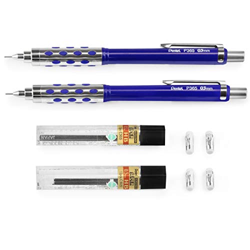 Pentel P365 Druckbleistift, automatisch, 0,5 mm, blauer Schaft, 2 Stück + 24 HB Superminen + 4 Radiergummi-Ersatzminen von Pentel