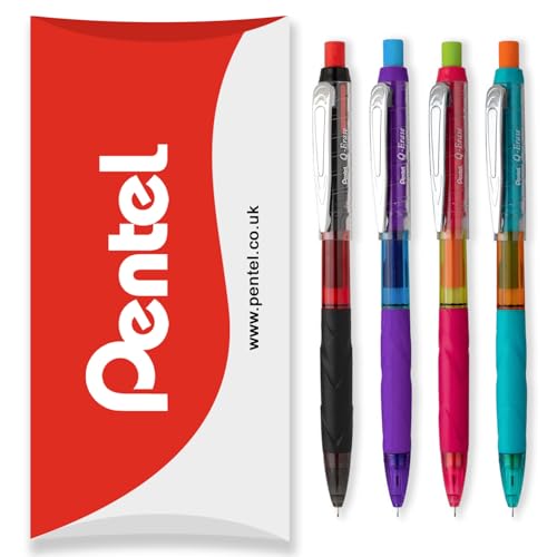 Pentel Q-Erase Druckbleistift mit einziehbarem Radiergummi, 0,5 mm, Härtegrad HB, Schwarz, Violett, Rosa und Blau, 4 Stück, in Kissenverpackung von Pentel