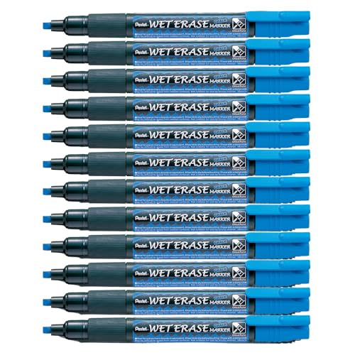 Pentel SMW26-CO Wet Erase Marker, Kreidemarker, Feucht abwischbar, Keilspitze, 12 Stück, Blau von Pentel