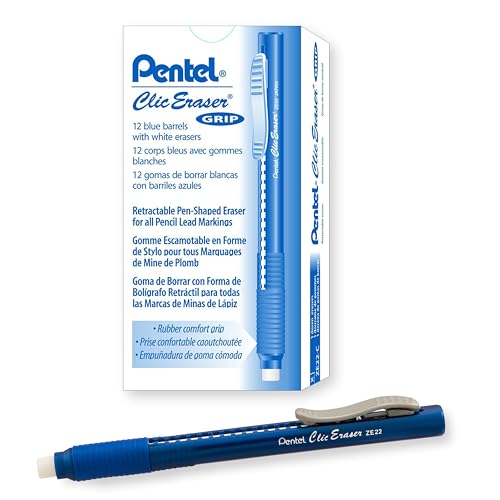 Pentel ZE22C Clic Radiergummi-Griff, einziehbarer Radiergummi, blauer Schaft, 12 Stück von Pentel