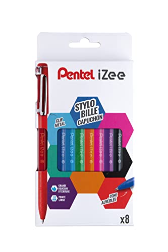 Pentel iZee BX460 Kugelschreiber, mit Metallclip, breite Spitze, 1 mm, Schwarz/Rot/Blau/Grün/Rosa/Himmelblau/Violett, 8 Stück von Pentel