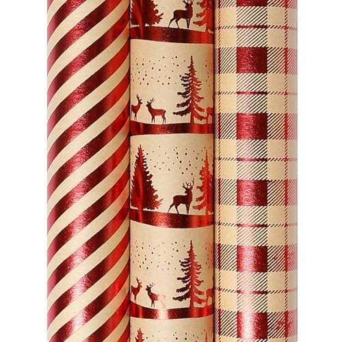 Peosaard 3pcs Weihnachtspapierpapier Kraftpapier Weihnachtspapier mit Elch und Weihnachtsbaum Heiße Stempel Cuttable DIY Weihnachtspapier für Geschenkverpackung, Weihnachtspapierpapier Brötchen von Peosaard