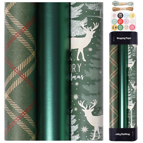 Peosaard 3pcs Weihnachtspapierpapier Rollen 17x118 '' Kraftpapier Weihnachtspapier mit gestreiften Plaidmustern Schneidfreies DIY -Weihnachtspapier für Geschenkpapier, Weihnachtspapierpapierrollen von Peosaard