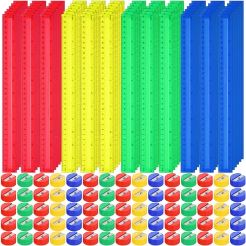 100 Stück Kunststoff-Lineale und 100 Stück Mini-Bleistiftspitzer, rund, manuell, 4 verschiedene Farben, Taschengröße, buntes gerades Lineal, Schulbedarf für Kinder (Novel, 30,5 cm) von PerKoop