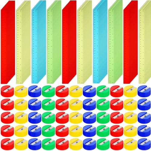 100 Stück Kunststoff-Lineale und 100 Stück Mini-Bleistiftspitzer, rund, manuell, 4 verschiedene Farben, Taschengröße, buntes gerades Lineal, Schulbedarf für Kinder (klassisch, 30,5 cm) von PerKoop