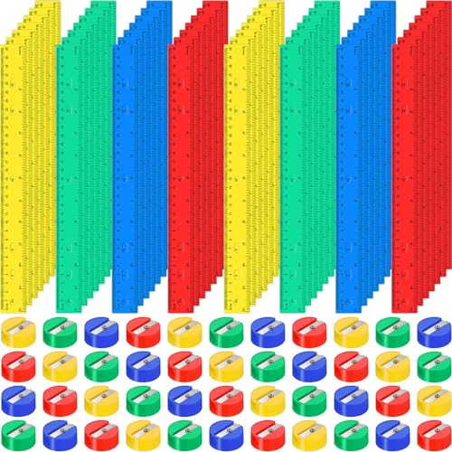 PerKoop 60 Stück 30,5 cm Kunststoff-Lineale und 60 Stück Mini-Bleistiftspitzer aus Kunststoff, farbiger Bleistiftspitzer für Kinder, Erwachsene, Büro, Schulbedarf, Geschenke, verschiedene Farben von PerKoop