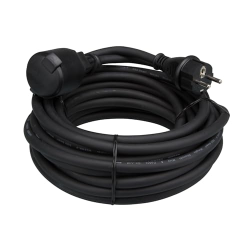 Perel Verlängerungskabel, H05RR-F 3G2.5, 10 m, 16 A/230 V, 3680 W, Typ E/F, IP44, Gummi, schwarz von Perel