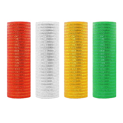 Dekor Poly Mesh Ribbon - 10 Zoll x 30 Fuß Pro Rolle - Metallfolie Grün/Rot/Weiß/Gelb Set für Kränze, Swags und Dekorationen von Perfeclan