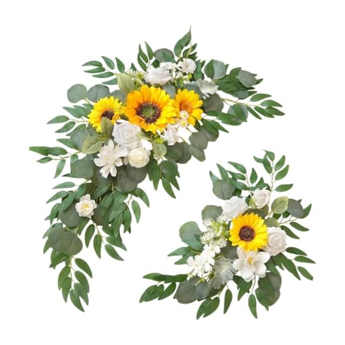 Perfeclan 2 Stück Blumen für Hochzeitsbögen, künstliche Blumengirlanden, Türsturz-Dekor mit grünen Blättern für die Zeremonie im Fenstersims, Sonnenblume von Perfeclan