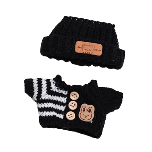 Perfeclan 2 Stück Puppenpullover und Hut Miniaturkleidung Abnehmbares Zubehör Dekorieren von Puppen Niedliche handgefertigte Kleidung für 15–17 cm große Puppen, Schwarzes Oberteil, Schwarzer Hut von Perfeclan