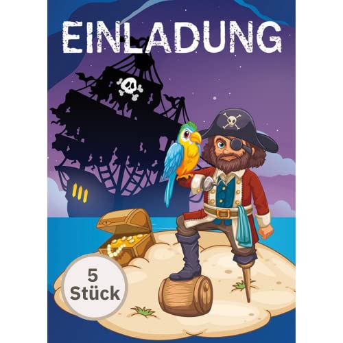 Perleberg Einladungskarte Geburtstag 5 Stück - hochwertige Geburtstagseinladung mit abenteuerlichen Piraten-Motiv- Einladungskarten Kindergeburtstag Jungen 10,5 x 14,5 cm von Perleberg