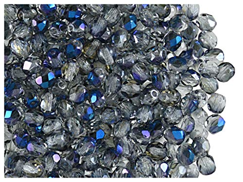 100 Stück Tschechische Facettierten Glasperlen Fire-Polished Rund 4 mm, Crystal Blue Flare von Perlen Fire-Polished 4mm