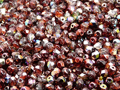 100 Stück Tschechische Facettierten Glasperlen Fire-Polished Rund 4 mm, Magic Red-Brown von Perlen Fire-Polished 4mm