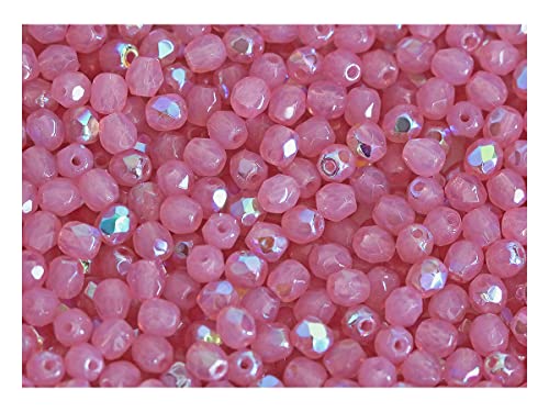 100 Stück Tschechische Facettierten Glasperlen Fire-Polished Rund 4 mm, Pink Opal AB von Perlen Fire-Polished 4mm