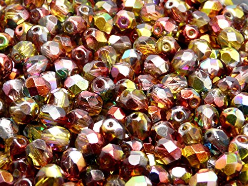 50pcs Tschechische Facettierten Glasperlen Fire-Polished Rund 6 mm, Magic Red-Yellow (Magic Apple) von Perlen Fire-Polished 6mm