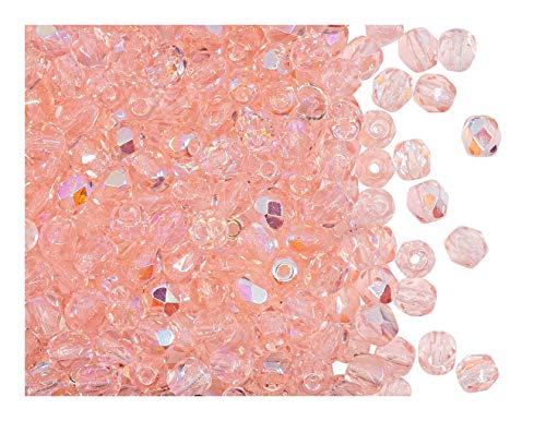 100 Stück Tschechische Facettierten Glasperlen, Fire-Polished, Rund 4 mm, Rasaline AB (Light Pink Transparent Iris) von Perlen Fire-Polished