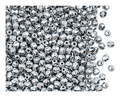 100 Stück Tschechische Facettierten Glasperlen Fire-Polished Rund 3 mm, Silver Metallic von Perlen Fire-Polished