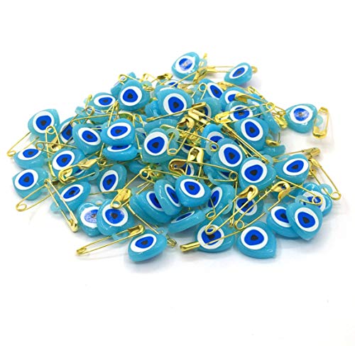 100Stk. Nazar Boncuk mit Sicherheitsnadel Böser Blick Glücksbringer Talisman Herz Blaues Auge Evil Eye zum Verschenken als Mitgebsel zur Geburt Taufe Hochzeit (Türkis Blau) von Perlin