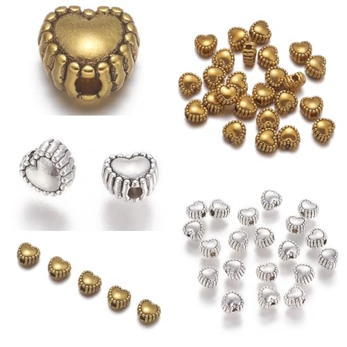 150x Metallperlen Set Zwischenperlen Spacer 6mm Herzperlen mit Loch Silber Gold Schmuckzubehör für Bead Charms Armbänder Anhänger Bastelperlen zum Auffädeln von Perlin