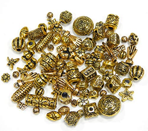 200g Kunststoffperlen Perlenmischung Tibet Antik Plastik Perlen Mix Motive Set Goldfarbe Metall Optik Perle zum Auffädeln für Armbänder Halsketten Perlenset Bastelset D119 x4 von Perlin