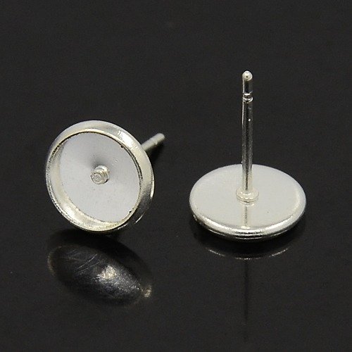 Ausverkauft - 30 Stück Ohrstecker Fassung für 8mm Cabochons Silberfarbe Versilbert Rund Messing M520 von Perlin