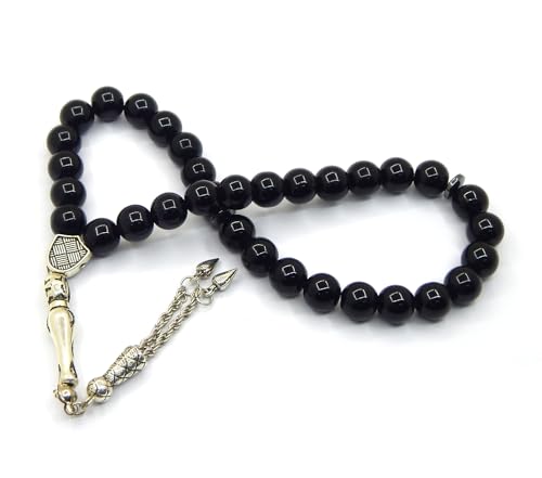 Gebetskette Gebetsperlen Tesbih Tasbih Tespih Misbaha Subha 33, 10mm Muslimisches Islamic Rosenkranz mit Onyx Edelstein Schwarz Perlen Schmuck Armbänder Anbetungszubehör von Perlin