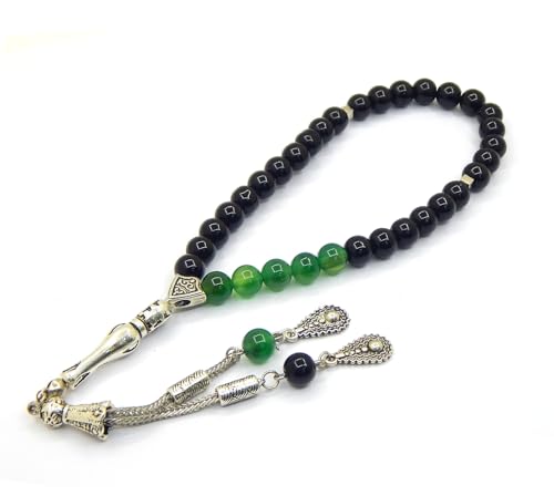 Gebetskette Gebetsperlen Tesbih Tasbih Tespih Misbaha Subha 33, Muslimisches Islamic Rosenkranz Armbänder Anbetungszubehör Edelstein Grün Aventurin Onyx Schwarz Perlen Kugel 8mm von Perlin