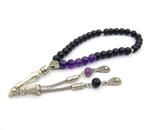 Gebetskette Gebetsperlen Tesbih Tasbih Tespih Misbaha Subha 33, Muslimisches Islamic Rosenkranz Armbänder Anbetungszubehör Edelstein Lila Achat Schwarz Onyx Perlen Kugel 8mm von Perlin