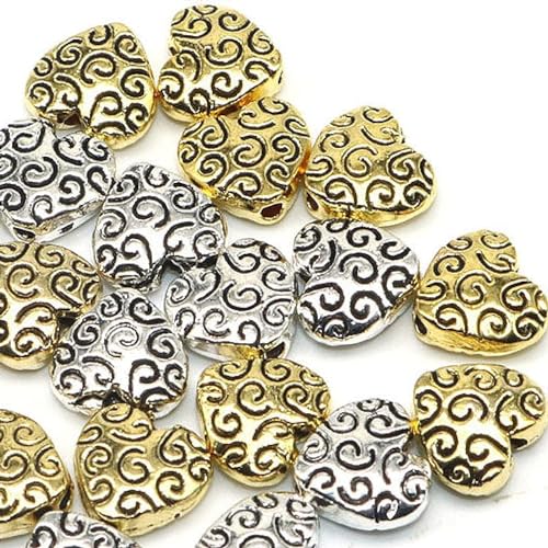 Metallperlen Set Zwischenperlen Spacer 10mm Herzperlen mit Loch Silber Gold Schmuckzubehör für Bead Charms Armbänder Anhänger Bastelperlen zum Auffädeln von Perlin