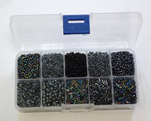 Rocailles Perlen 2mm 3mm 4mm 6mm Schwarz Dunkel Mix Set Stiftperlen mit PerlenBox 200g AM6 von Perlin