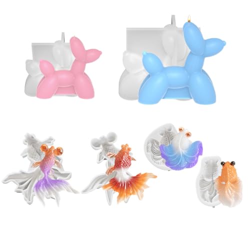 6 x 3D-Epoxidharz-Form, 4 x Goldfisch-Koi-Fische mit 2 Mini-Ballon-Hund-Silikonformen für Epoxidguss, Welpen-Hund, Harz-Schlüsselanhänger-Formen für selbstgemachte Kerzen, Seife, Weihnachtsschmuck, von Permulaan